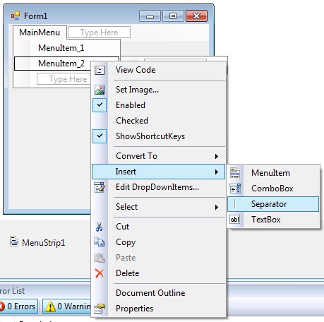 vb net menustrip separator at designtime